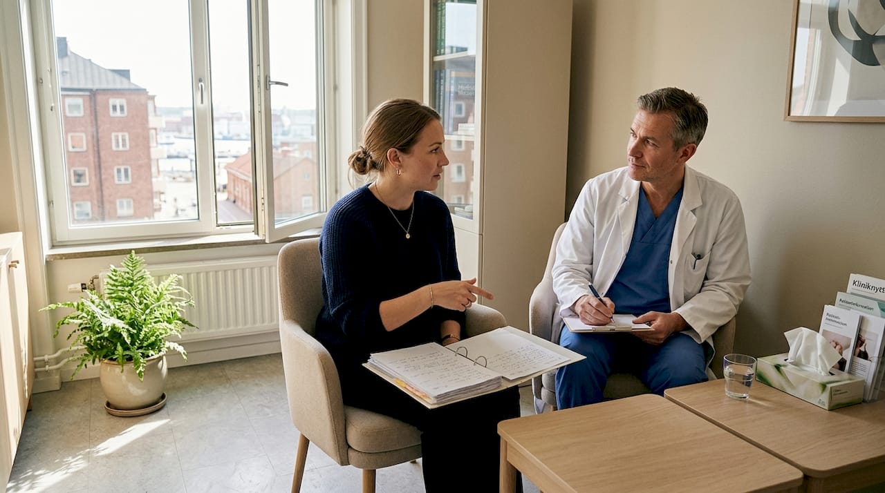 Patienten och kirurgen sitter ner tillsammans för ett samtal på mottagningsrummet.