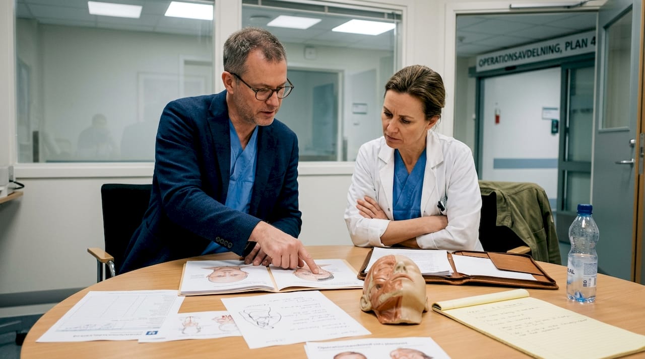 Kirurger går igenom operationsscheman och bilder inför ingreppet för att planera och diskutera tillvägagångssättet.