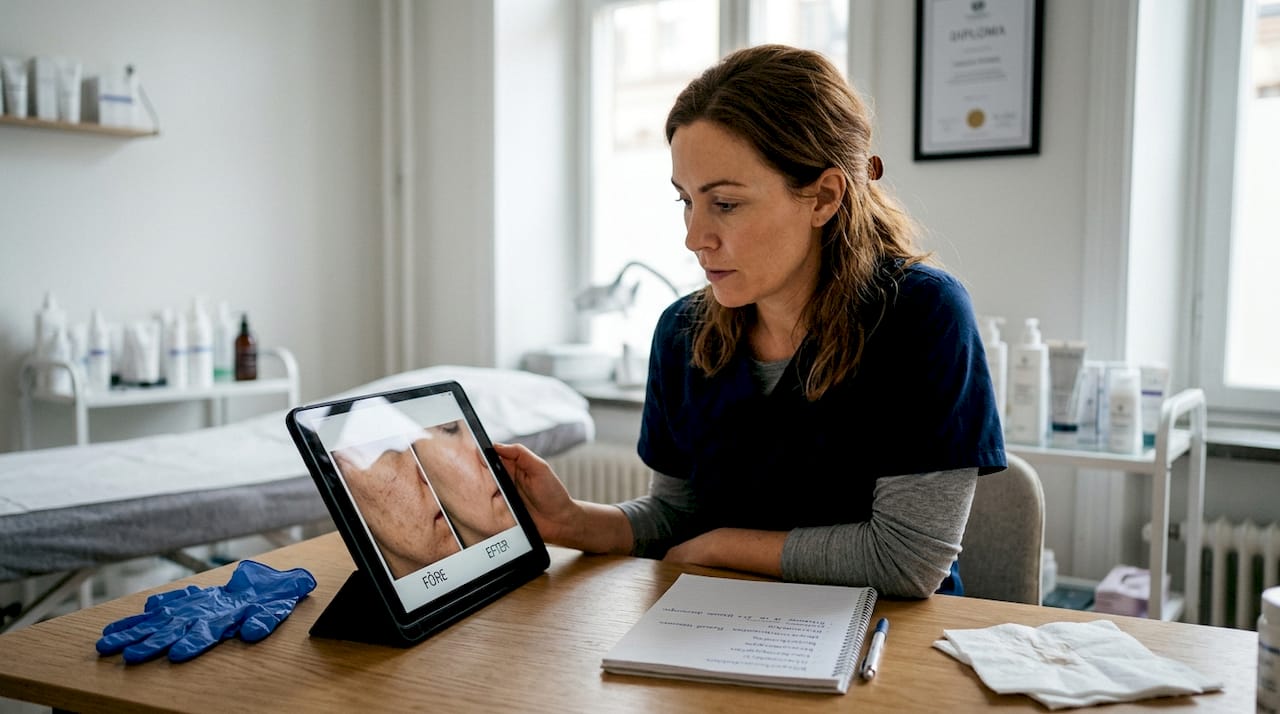 En hudterapeut granskar ansiktets proportioner på en surfplatta.