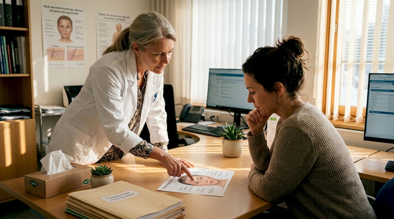 En hudläkare diskuterar behandling med en patient i en ljus och välkomnande klinik.