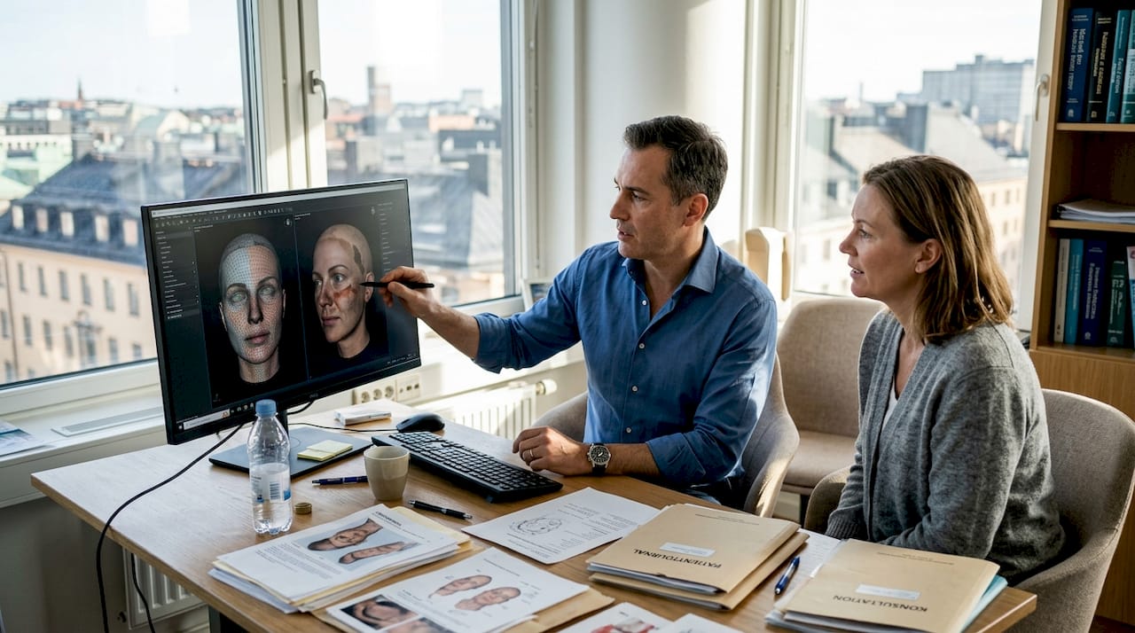 Kirurgen visar patienten en digital 3D-bild av kroppen för att förklara ingreppet.