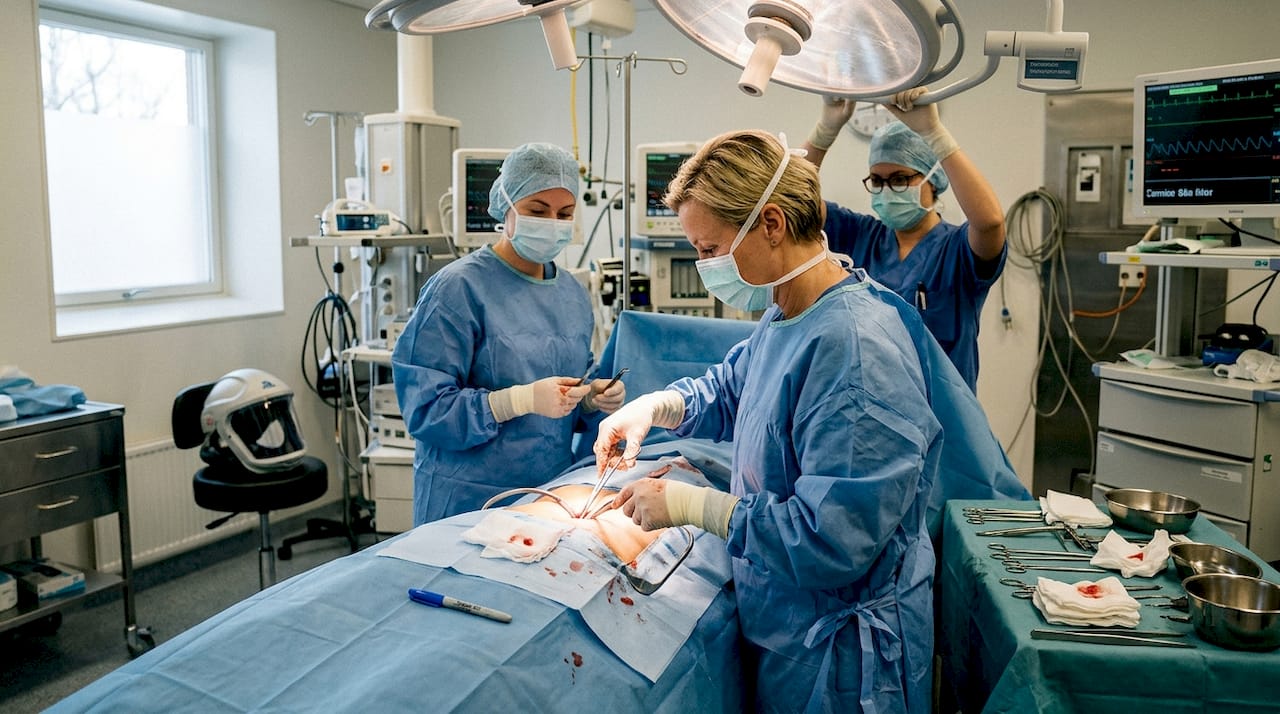 Ett kirurgteam genomför en bröstoperation tillsammans