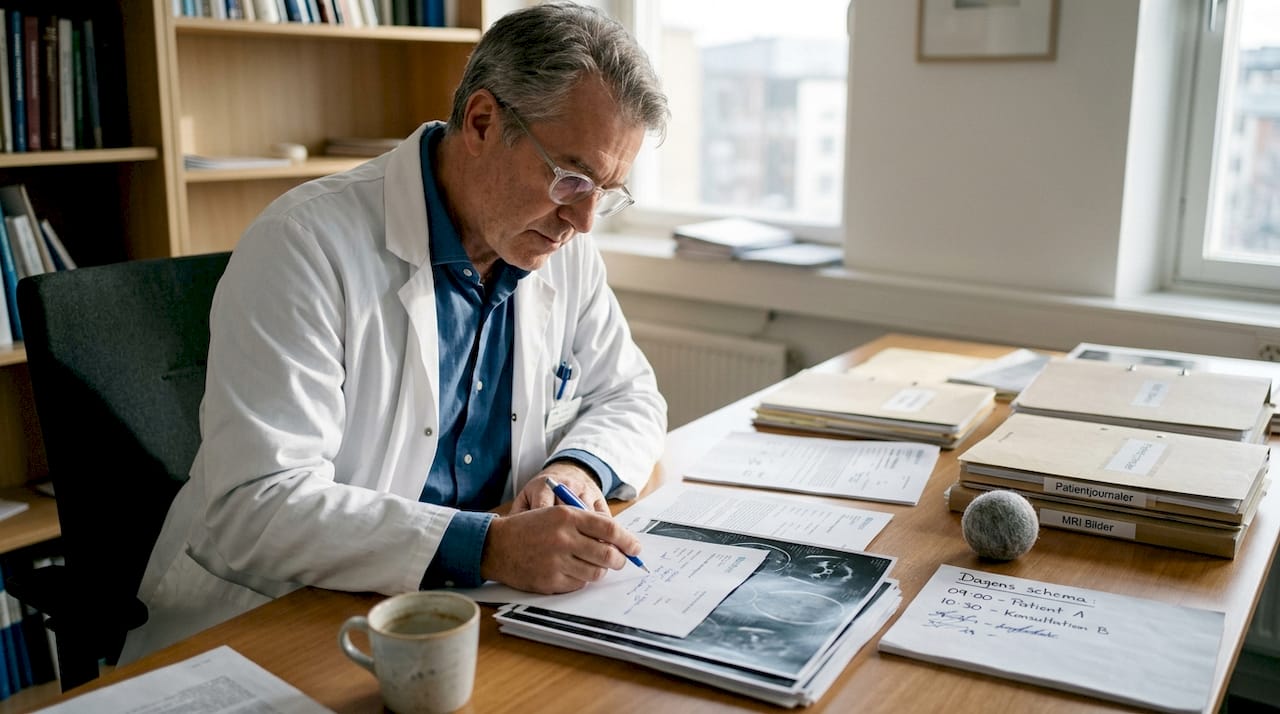 En plastikkirurg sitter på sitt kontor och går igenom en patients journal.