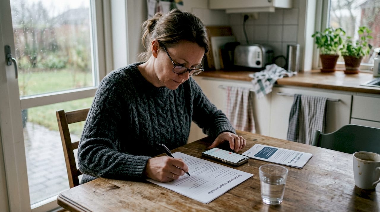 Inför sin operation sitter kvinnan hemma och fyller i sin hälsodeklaration.