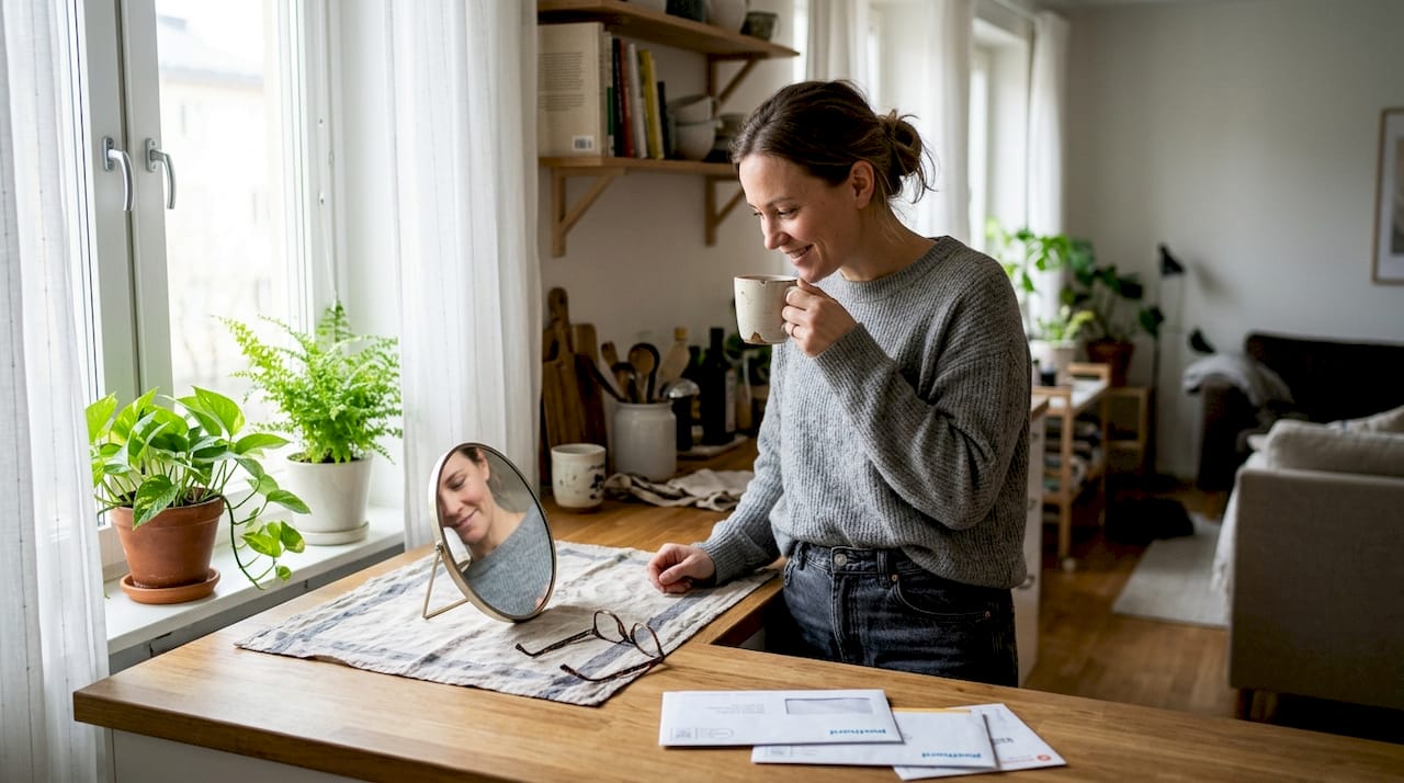 Kvinna som beundrar resultatet av naturlig botox hemma