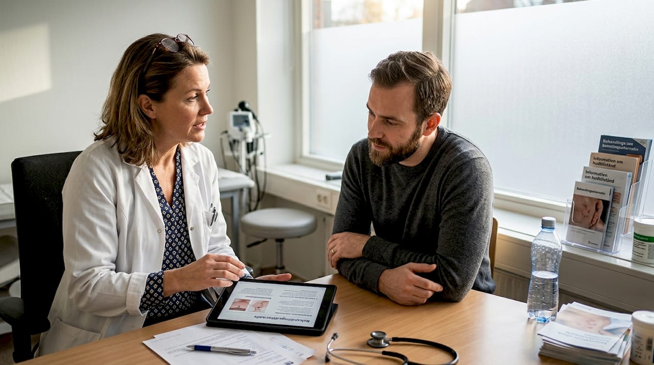Hudläkare har rådgivningssamtal med patient om botoxbehandling.