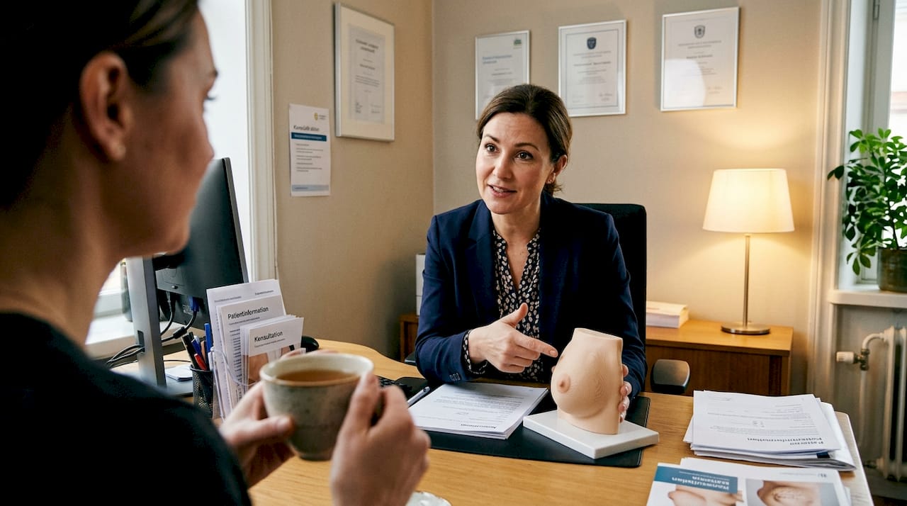 Plastikkirurgen går igenom olika bröstoperationsalternativ tillsammans med patienten.