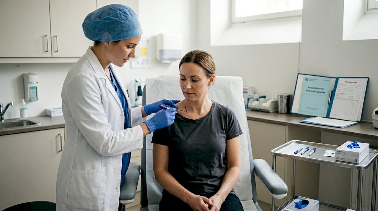 Kirurgen ritar upp markeringar på patientens bröst inför ingreppet.