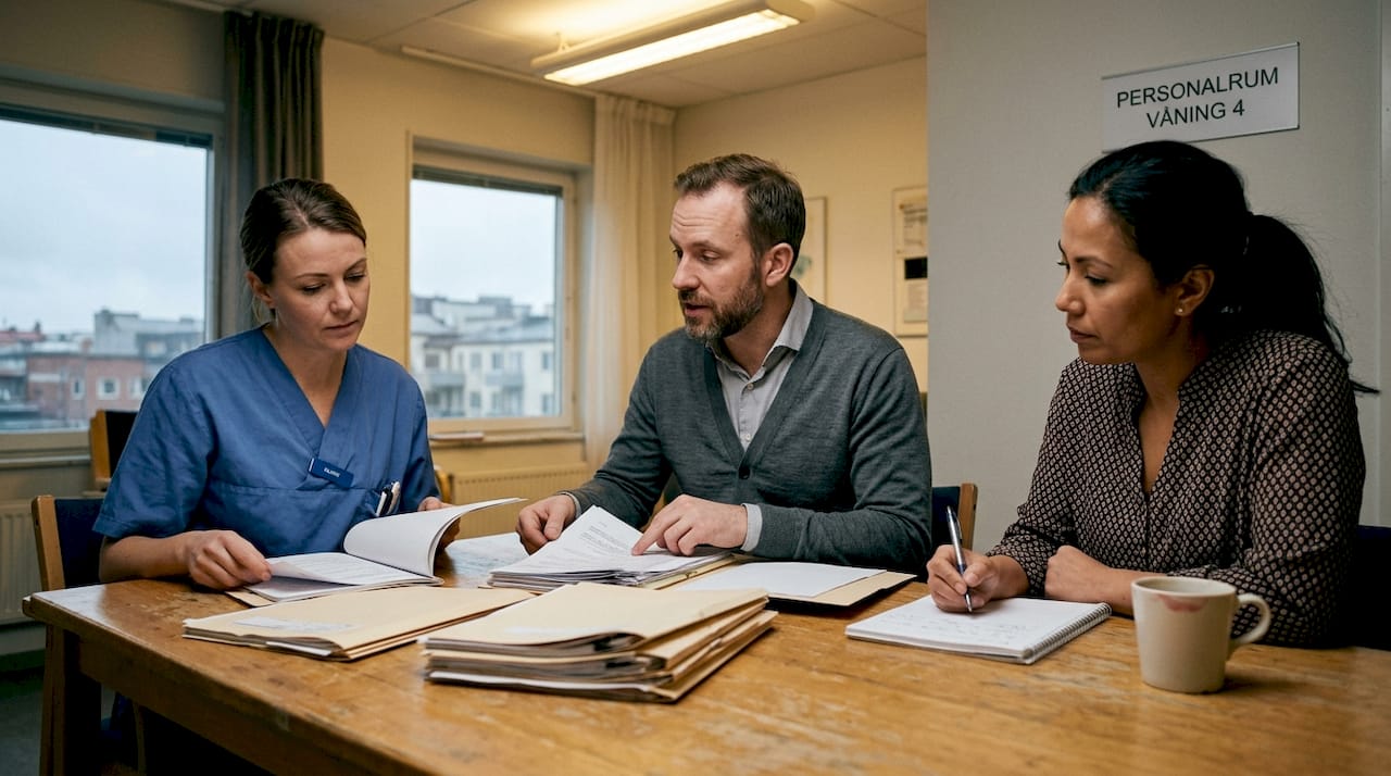 Vårdenheten samlas för att gå igenom patienters journaler tillsammans.