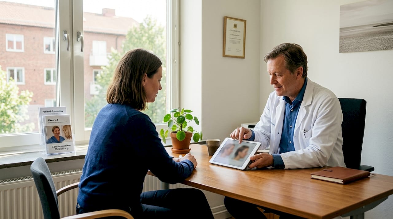 En plastikkirurg träffar en patient för konsultation på mottagningen.