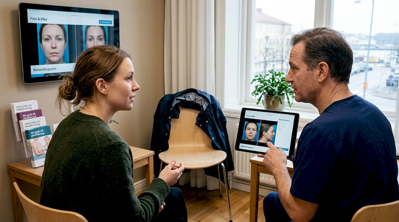 Patienten och kirurgen går tillsammans igenom olika behandlingsalternativ under besöket på mottagningen.