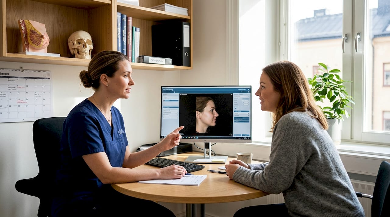 En plastikkirurg har ett rådgivande samtal med en patient på mottagningen.