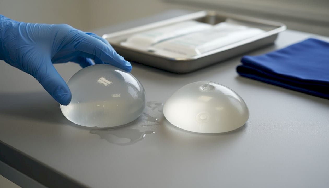 Olika typer av bröstimplantat framlagda på ett undersökningsbord