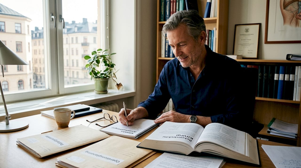 En plastikkirurg fördjupar sig i kursmaterial på sitt kontor.