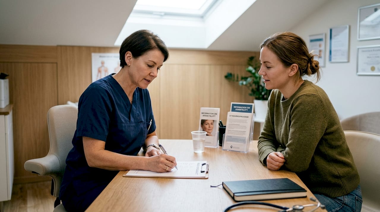 Kirurgen går igenom eventuella risker med patienten under ett samtal på kliniken.