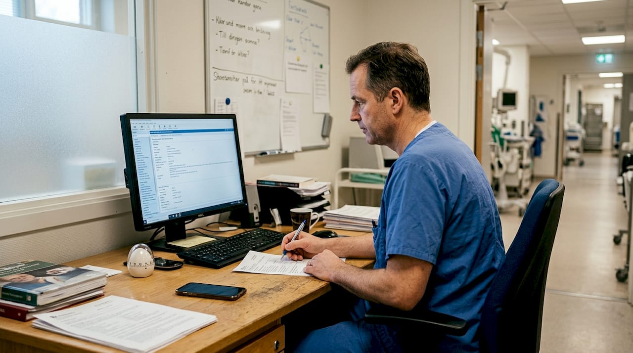 Kirurgen går igenom patientens journal på sitt kontor.