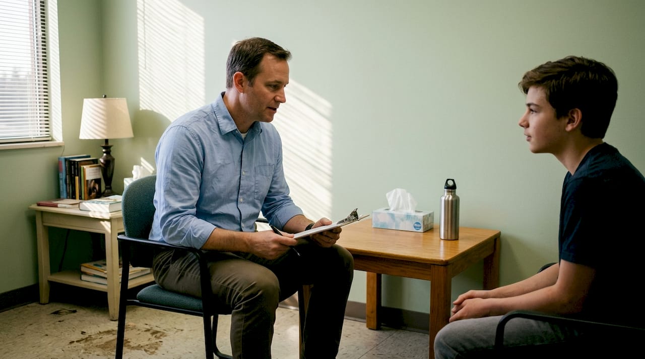 En vårdgivare samtalar med en patient om psykisk hälsa.