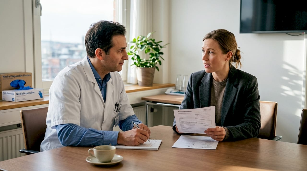 Kirurgen och patienten sitter ner tillsammans vid ett skrivbord och pratar.