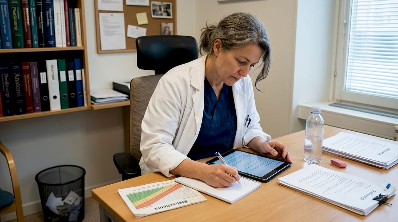 Kirurgen sitter på sitt kontor och går igenom patientjournaler.