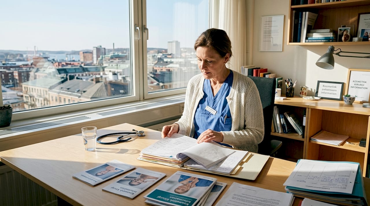 En plastikkirurg sitter vid sitt skrivbord och går igenom patientjournaler.