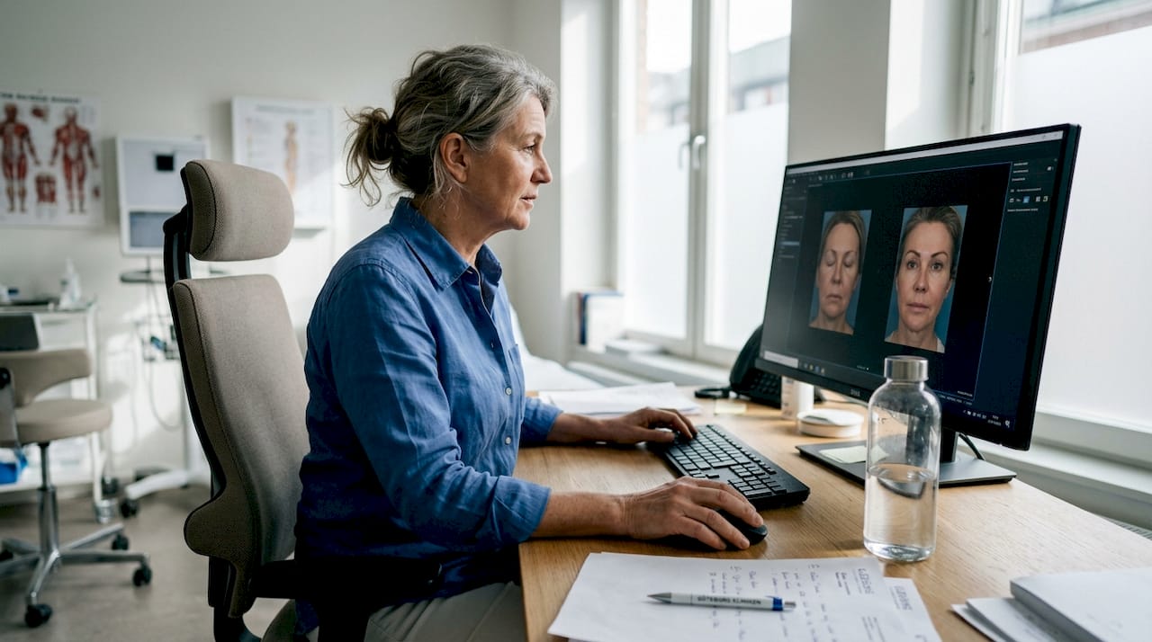 En kirurg studerar ett digitalt porträttfoto på mottagningen.