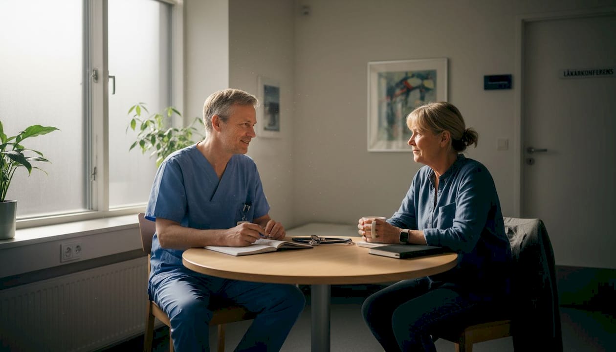 Läkaren och patienten pratar med varandra inne på ett sjukhusrum.