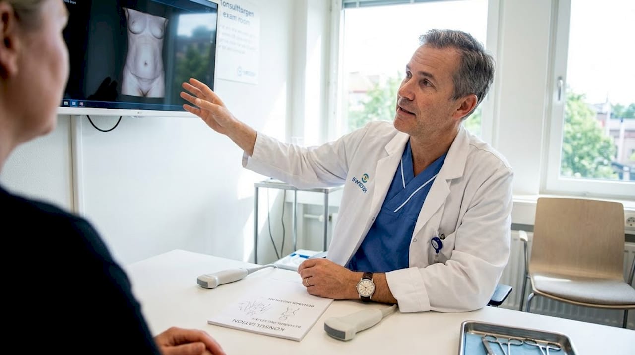 En kirurg samtalar med en patient på en modern mottagning.