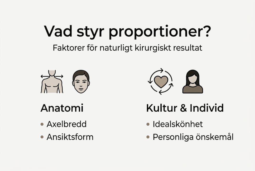 En överskådlig infografik som förklarar vilka faktorer som påverkar proportioner vid plastikkirurgiska ingrepp