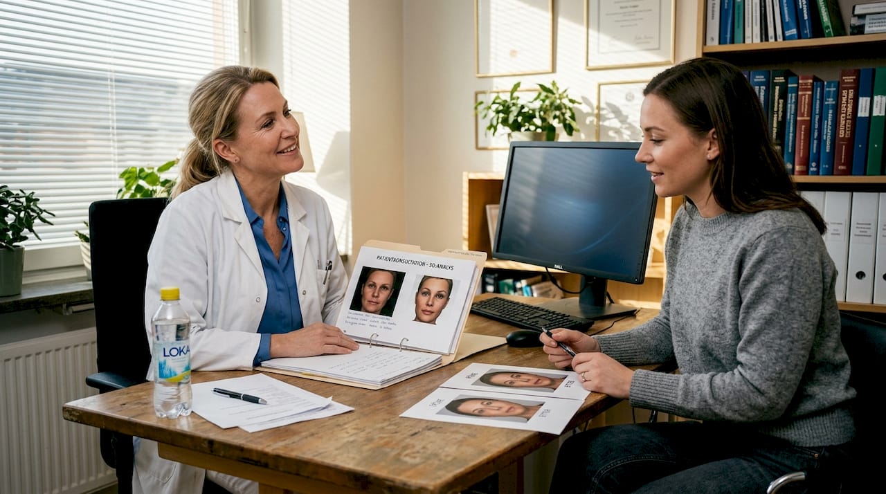 Kirurgen går igenom operationsresultatet tillsammans med patienten.