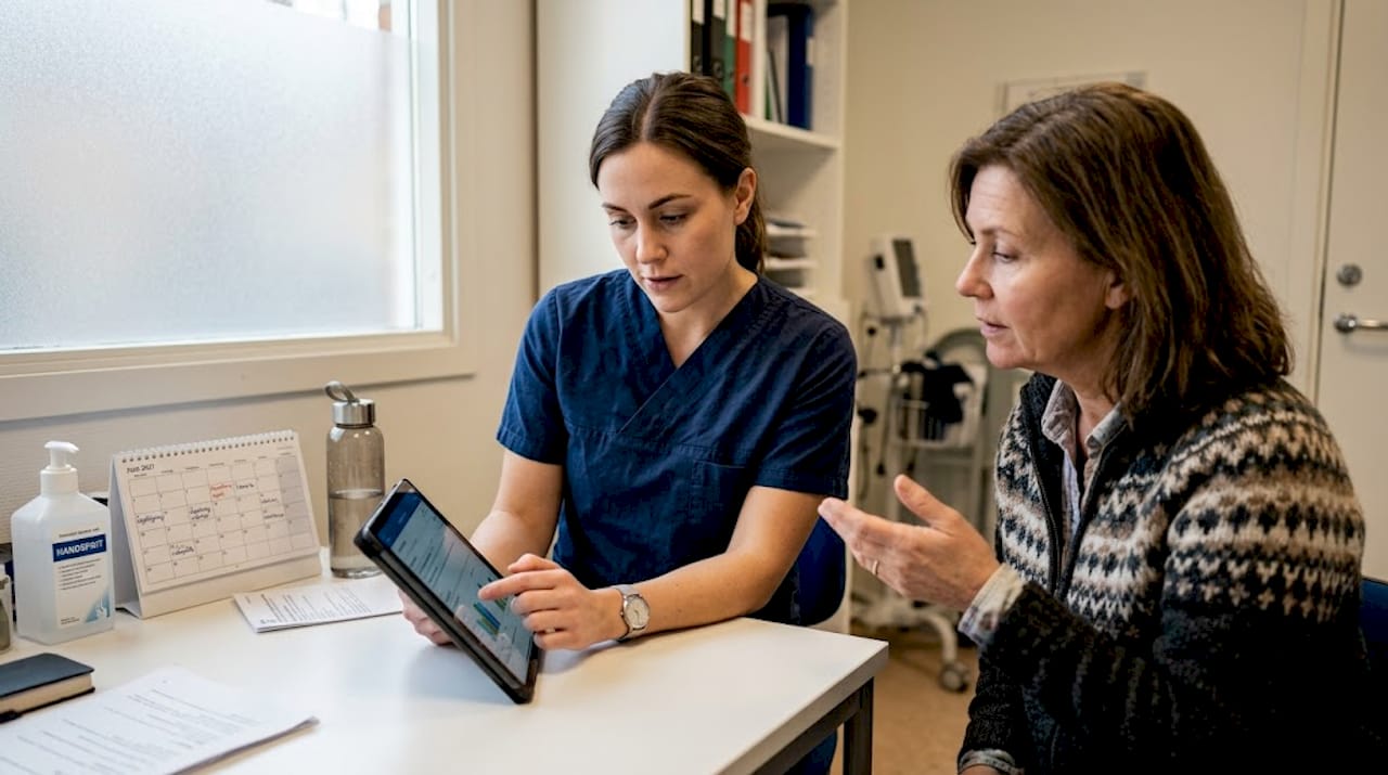 Sjuksköterskan ger rådgivning till en patient under ett mottagningsbesök.