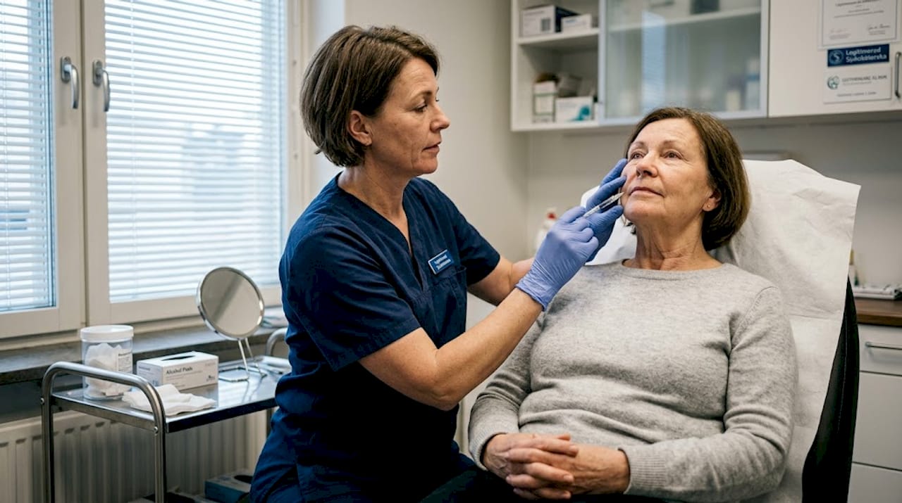 Behandlaren utför en ansiktsbehandling med injektioner