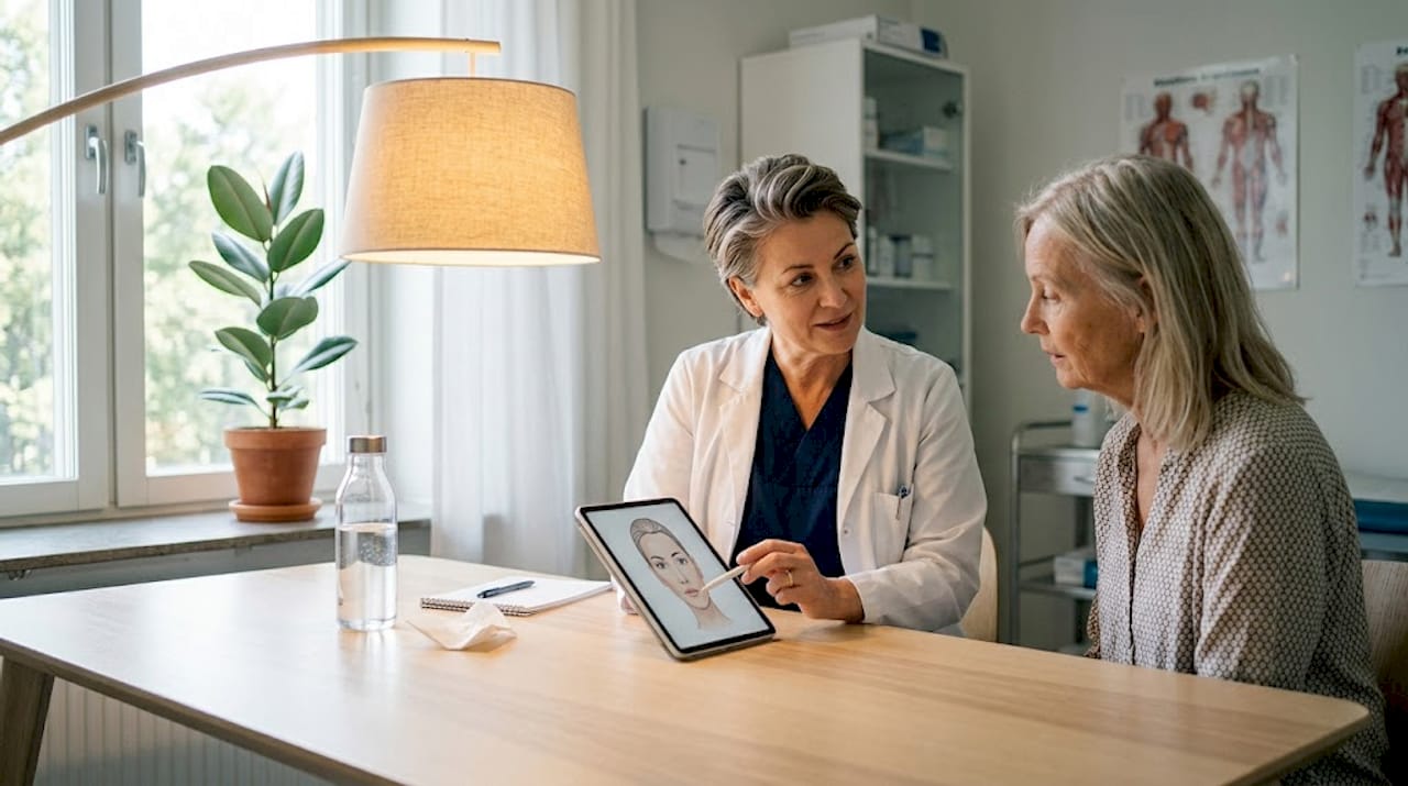 Kirurgen går igenom behandlingsalternativ med patienten