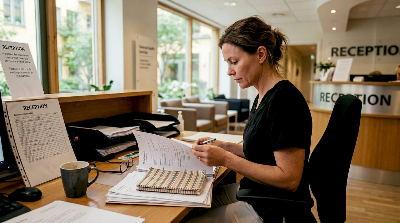 En läkare på plastikkirurgiska mottagningen går igenom en patients journal.