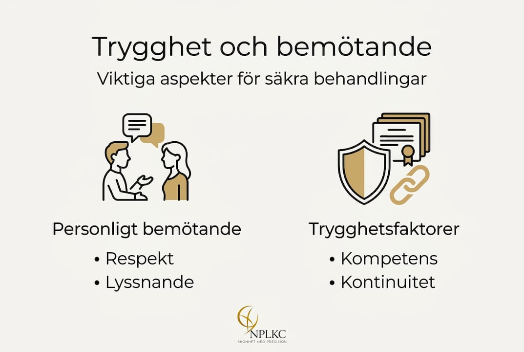 Grafik som visar hur vi skapar trygghet och ett professionellt bemötande vid estetiska behandlingar