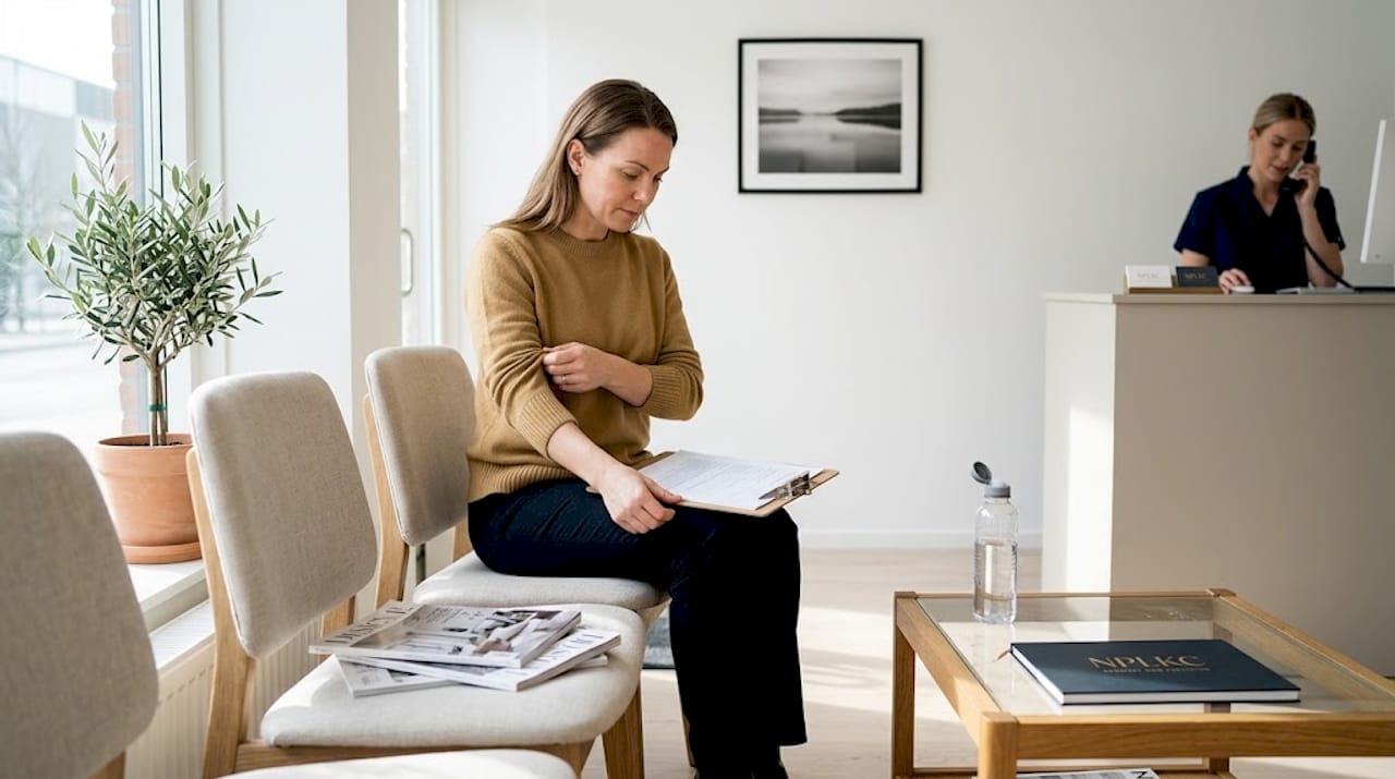 En patient sitter i väntrummet och fyller i sina uppgifter.