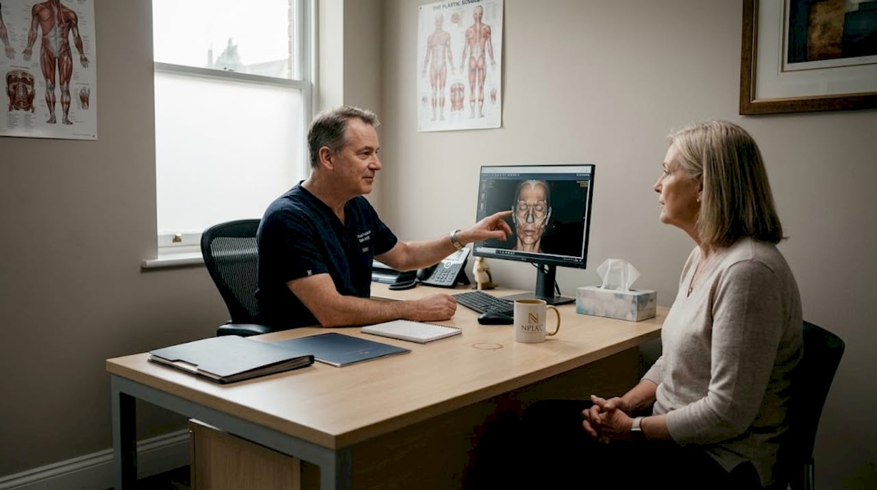 Patienten och kirurgen går tillsammans igenom behandlingsplanen under ett samtal på mottagningen.
