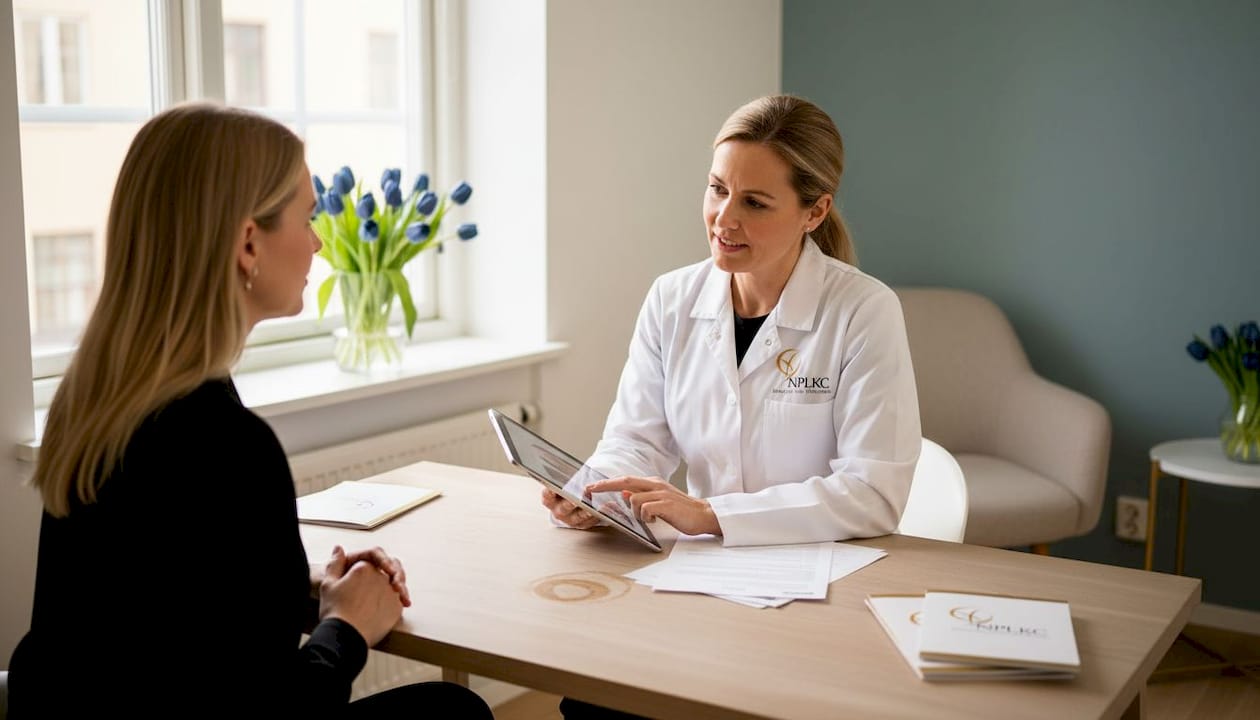 Kirurgen träffar en patient för ett konsultationssamtal på mottagningen.