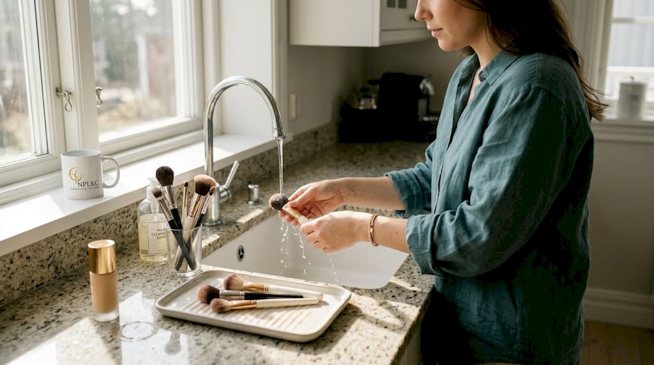 En kvinna står i köket och rengör sina sminkborstar.