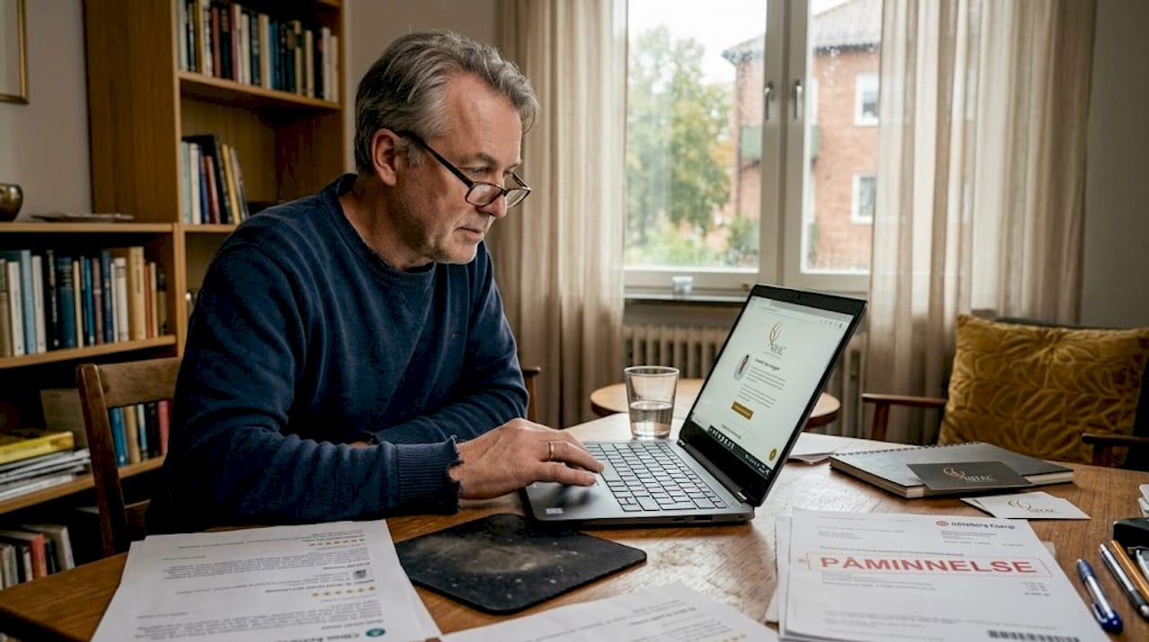 En man sitter hemma vid skrivbordet och kollar upp kirurgens legitimation.