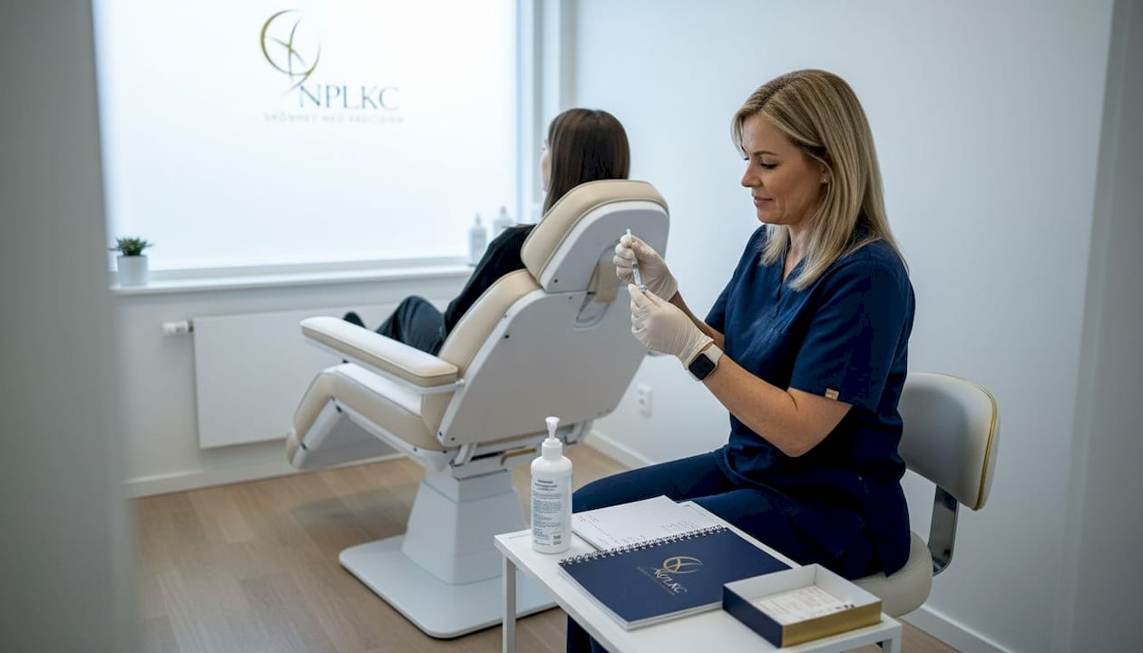 En legitimerad behandlare förbereder en spruta inför en injektion på kliniken.