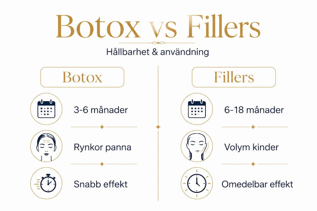 En överskådlig infografik som visar skillnaderna mellan Botox och fillers – hur länge effekterna varar och när de används.