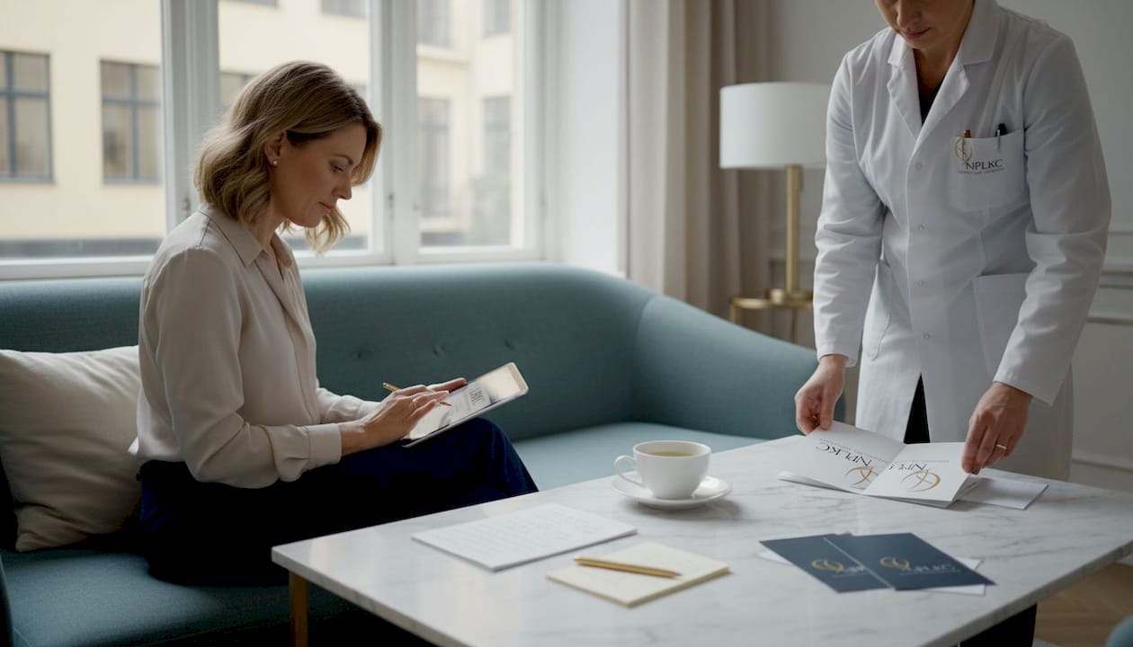 Patienten pratar med kirurgen om att eventuellt förstora brösten.