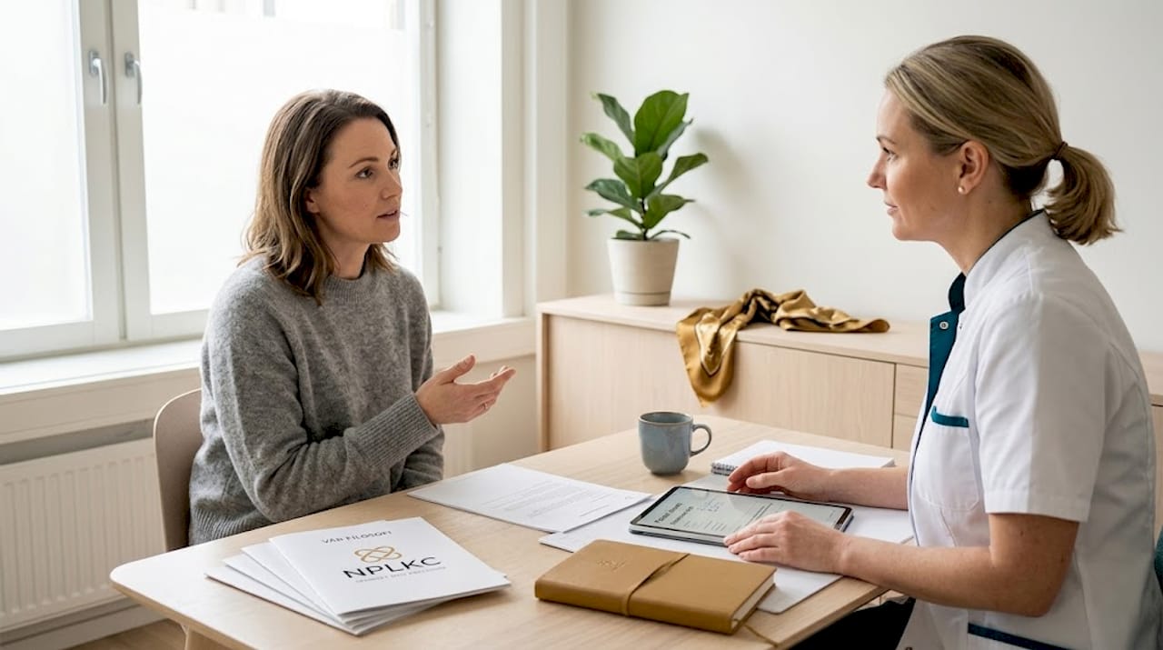 En patient sitter ner och diskuterar olika behandlingsalternativ med en plastikkirurg.