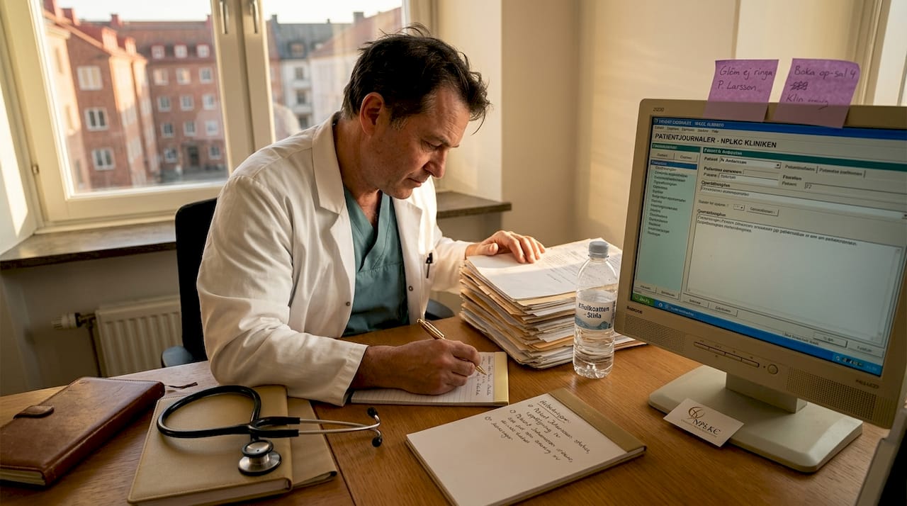 En plastikkirurg går igenom patientjournaler på sitt kontor.