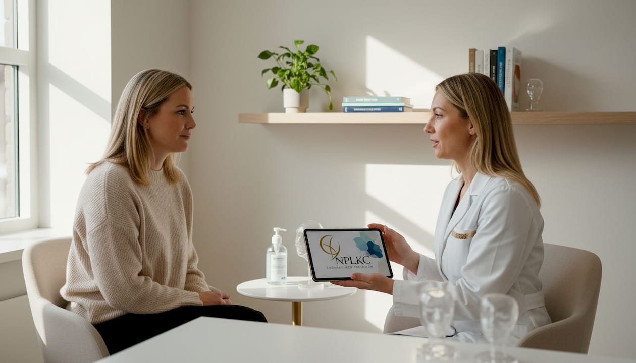 En patient och en läkare samtalar om möjligheten till en botoxbehandling.