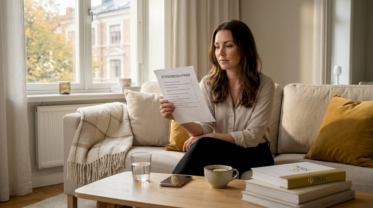 En kvinna sitter i vardagsrummet och går igenom sina eftervårdsråd.