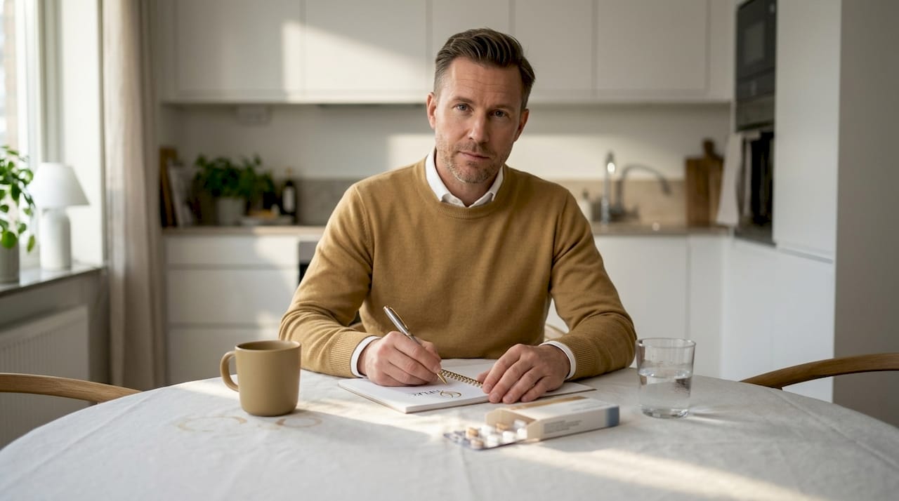 Man sitter vid köksbordet och antecknar sina symptom i ett block.