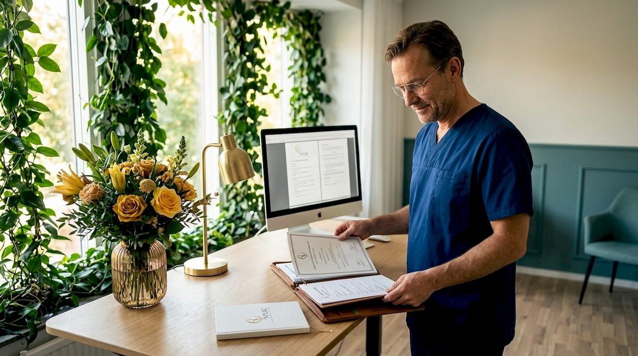 Plastikkirurgen går noggrant igenom sina certifikat och intyg för att säkerställa att allt är i ordning.