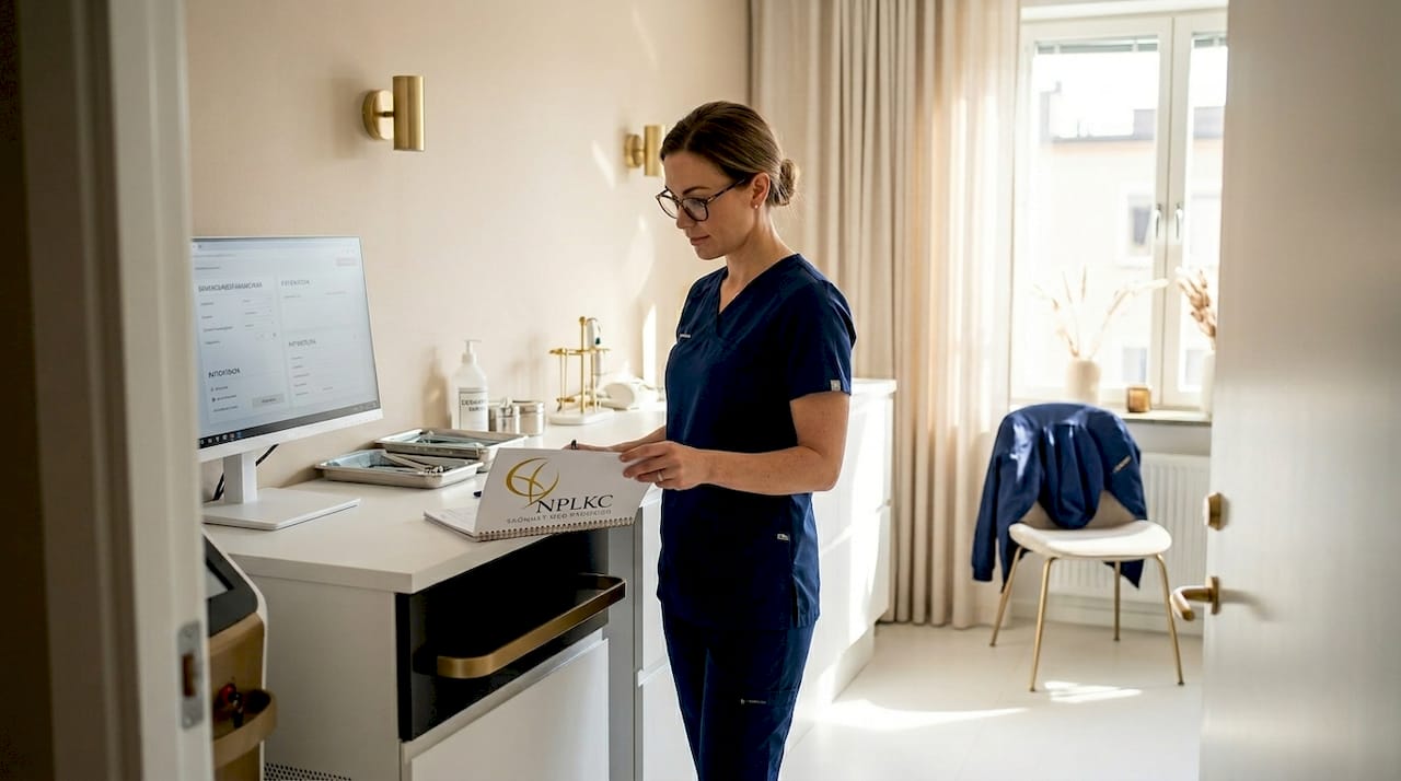 I ett ljust behandlingsrum går klinikpersonalen noggrant igenom laserutrustningen.