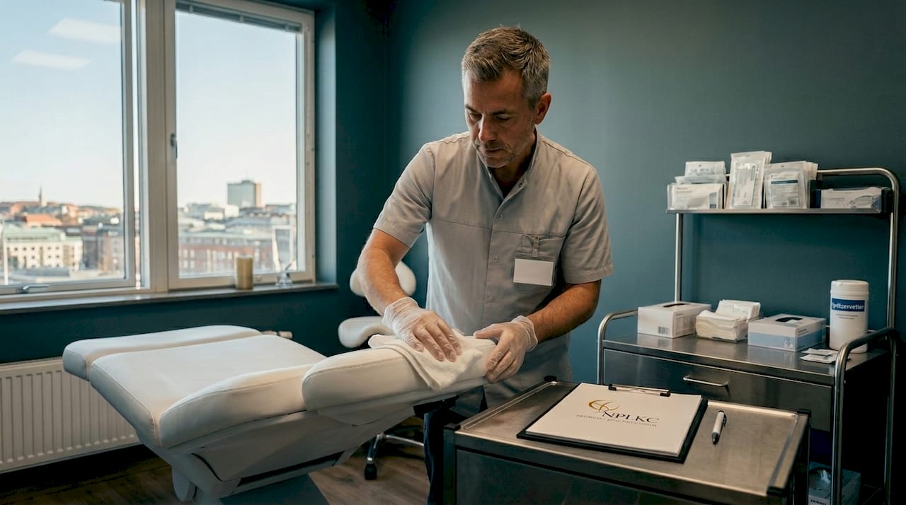 En tekniker torkar av och desinficerar behandlingsbordet inne i hygienrummet.
